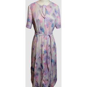 Vintage Dress Fans Feather Polyester Three R's Tie Neck Belted Short Sleeve 70s